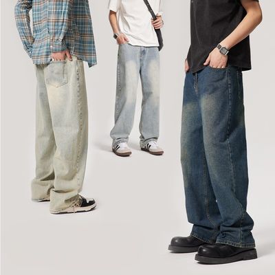 Pantalon en denim pour homme à taille moyenne en jean droit lavé sur mesure avec imprimé à carreaux légers