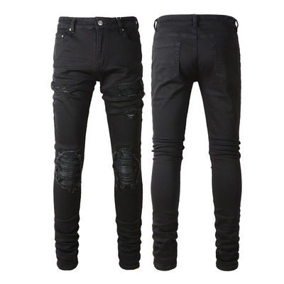 Tissé Noir Casual Respirable Étirement déchiré Élastique Designer Patch Mens Jeans Pantalon