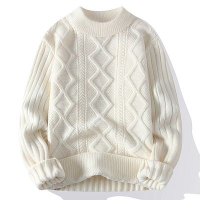 Pull-over à col pour hommes tricoté avec un tissu épais et un motif patchwork en hiver