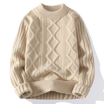 Pull-over à col pour hommes tricoté avec un tissu épais et un motif patchwork en hiver