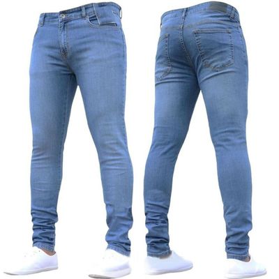 Meilleur Jeans Lavées Casual Fermeture à glissière Volant Denim Jean Pant Light Blue Pantalon à crayon Messieurs