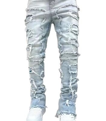 Chaussures de style de rue pour hommes Coupe bleu clair Tassel endommagé Applique Jeans spandex/coton