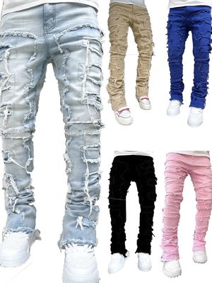 Chaussures de style de rue pour hommes Coupe bleu clair Tassel endommagé Applique Jeans spandex/coton