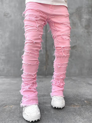 Chaussures de style de rue pour hommes Coupe bleu clair Tassel endommagé Applique Jeans spandex/coton