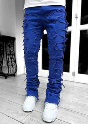 Chaussures de style de rue pour hommes Coupe bleu clair Tassel endommagé Applique Jeans spandex/coton