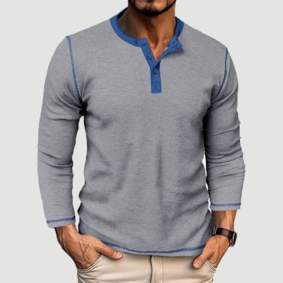 T-shirts à manches longues blancs pour hommes T-shirts en coton Henley légers T-shirts à boutons avec un cou rond
