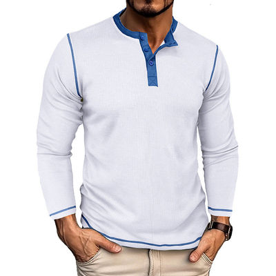 T-shirts à manches longues blancs pour hommes T-shirts en coton Henley légers T-shirts à boutons avec un cou rond