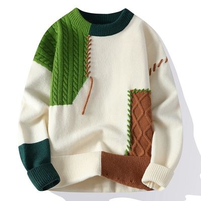 Cou rond Homme automne hiver Sweaters de Noël Vêtements de rue coréens Pullover patchwork