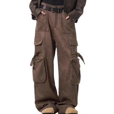 Pantalon décontracté à jambes droites et lâches pour hommes Vintage multi-poche en cuir de cerf