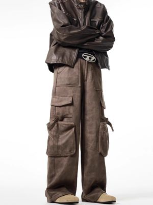 Pantalon décontracté à jambes droites et lâches pour hommes Vintage multi-poche en cuir de cerf