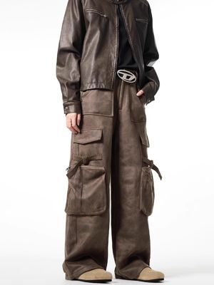 Pantalon décontracté à jambes droites et lâches pour hommes Vintage multi-poche en cuir de cerf