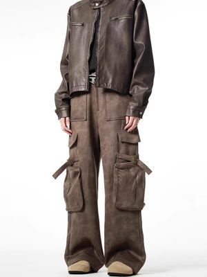 Pantalon décontracté à jambes droites et lâches pour hommes Vintage multi-poche en cuir de cerf