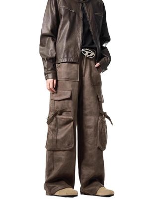 Pantalon décontracté à jambes droites et lâches pour hommes Vintage multi-poche en cuir de cerf