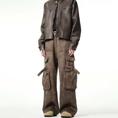 Pantalon décontracté à jambes droites et lâches pour hommes Vintage multi-poche en cuir de cerf