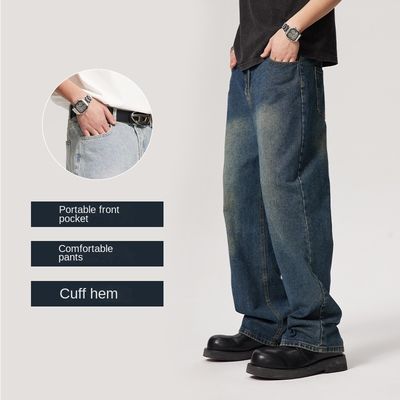 Pantalon en denim pour homme à taille moyenne en jean droit lavé sur mesure avec imprimé à carreaux légers