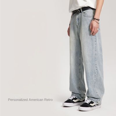 Pantalon en denim pour homme à taille moyenne en jean droit lavé sur mesure avec imprimé à carreaux légers