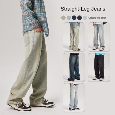 Pantalon en denim pour homme à taille moyenne en jean droit lavé sur mesure avec imprimé à carreaux légers