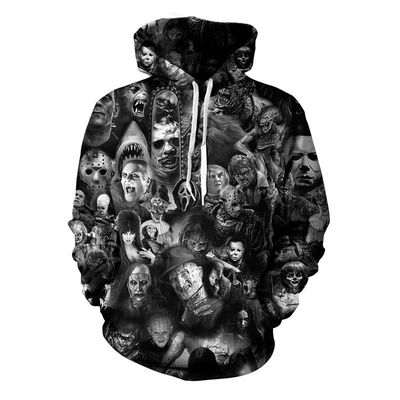 T-shirt à capuche pour hommes d'automne/hiver 2023 avec imprimé 3D d'Halloween en mélange polyester/coton