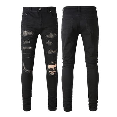 Ceinture à double couche Design pliable Noir Strass Empilé Jeans Skinny Denim Pour Hommes