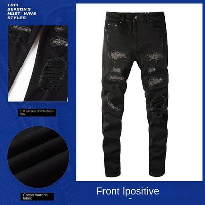 Ceinture à double couche Design pliable Noir Strass Empilé Jeans Skinny Denim Pour Hommes