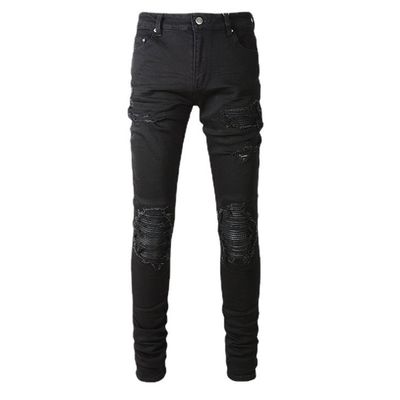 Tissé Noir Casual Respirable Étirement déchiré Élastique Designer Patch Mens Jeans Pantalon