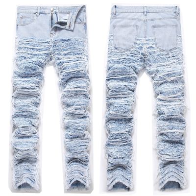 Méditerranée Détruit Jeans à jambes droites en denim lavé Pantalon pour homme