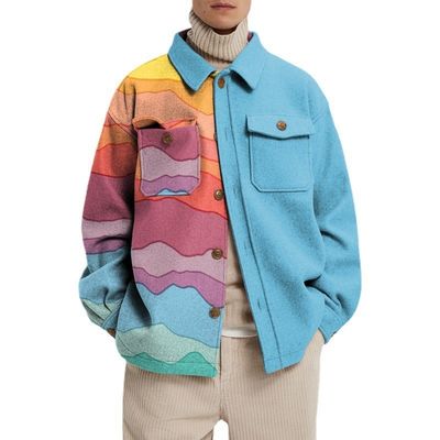 Manteau à manches longues et décontracté pour hommes avec un motif géométrique coloré et une méthode de tissage tissée