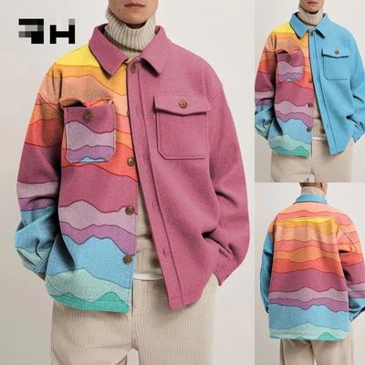Manteau à manches longues et décontracté pour hommes avec un motif géométrique coloré et une méthode de tissage tissée